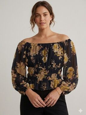 LOST + WANDER BLACK FLORAL OFF SHOULDER BLOUSE SMOCKED WAIST SHEER SLEEVE SIZE S